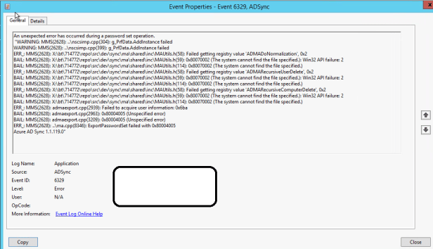 Password Writeback EventId 33001 and error hr=80004005